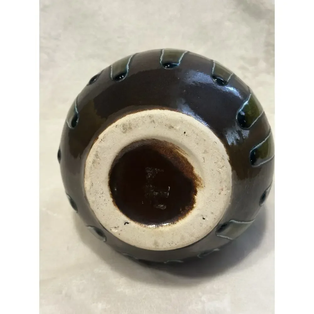 Handcrafted pottery vase green Brown crackle dripping glaze Decor Boho Retro